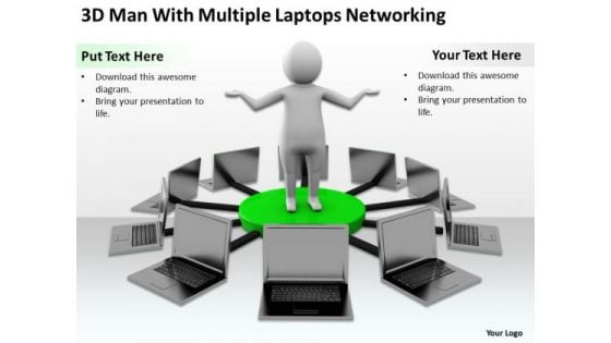 Business Persons 3d Man With Multiple Laptops Networking PowerPoint Slides