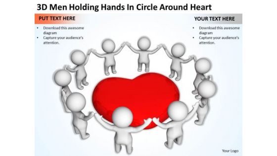 Business Persons 3d Men Holding Hands Circle Around Heart PowerPoint Slides
