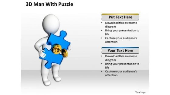 Business Process Diagrams 3d Man With Blue Puzzle PowerPoint Slides