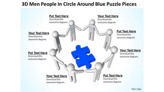 Business Process Diagrams 3d Men People Circle Around Blue Puzzle Pieces PowerPoint Slides