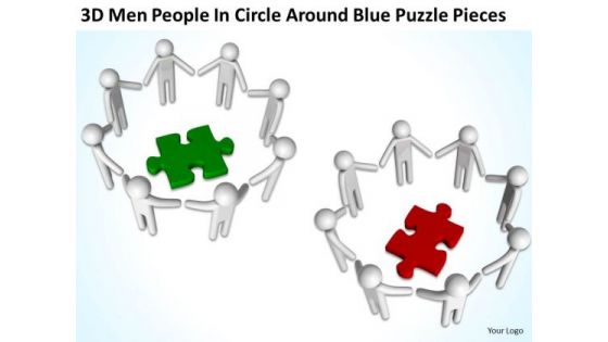 Business Process Diagrams 3d Men People Circle Around Blue Puzzle Pieces PowerPoint Slides