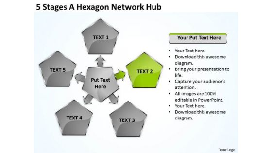 Business Process Diagrams Examples 5 Stages Hexagon Network Hub Ppt PowerPoint Slides