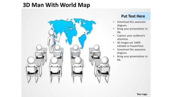 Business Process Flow 3d Man With World Map PowerPoint Templates Backgrounds For Slides