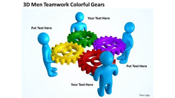 Business Process Flowchart 3d Men Teamwork Colorful Gears PowerPoint Slides
