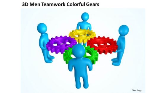 Business Process Flowchart 3d Men Teamwork Colorful Gears PowerPoint Slides