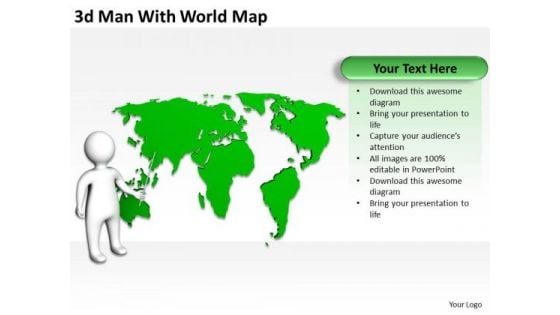 Business Process Flowchart Examples 3d Man With Showing World Map PowerPoint Templates