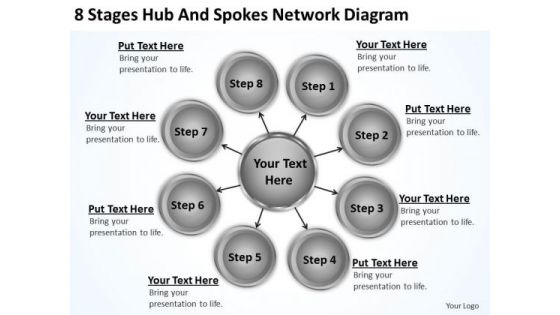 Business Strategy Diagram 8 Stages Hub And Spokes Network PowerPoint Templates