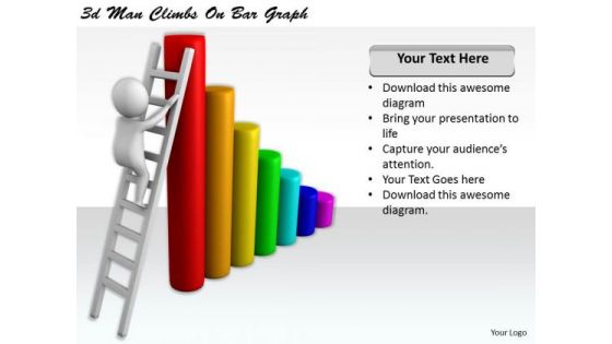 Business Strategy Plan 3d Man Climbs On Bar Graph Character