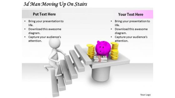 Business Strategy Review 3d Man Moving Up On Stairs Character Models