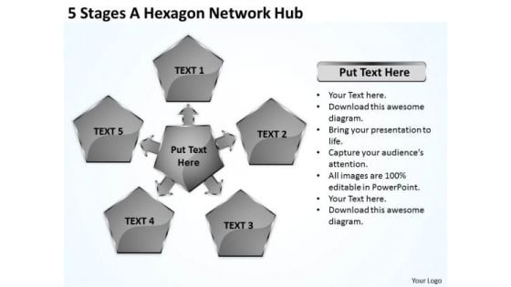 Business Use Case Diagram 5 Stages Hexagon Network Hub PowerPoint Templates