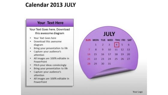 Calendar 2013 July PowerPoint Slides Ppt Templates