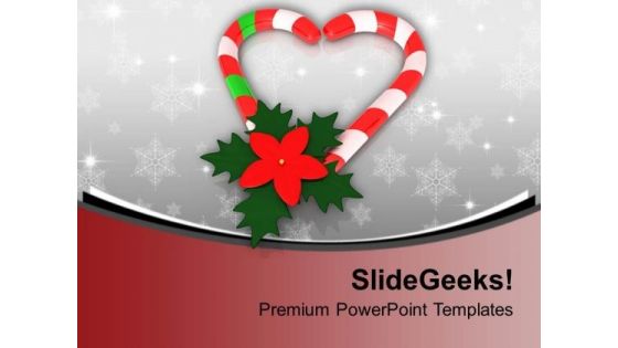 Candy Cane In Heart Shape With Red Flower PowerPoint Templates Ppt Backgrounds For Slides 0113