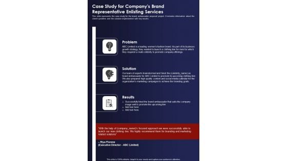 Case Study For Companys Brand Representative Enlisting Services One Pager Sample Example Document