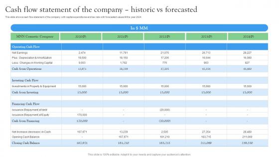 Cash Flow Statement Of The Company Historic Vs Startup Investment Sources Mockup Pdf