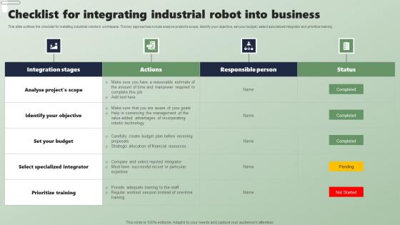 Checklist For Integrating Industrial Robot Applications Of Industrial Robots Inspiration Pdf