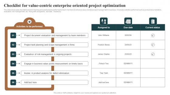 Checklist For Value Centric Enterprise Oriented Project Optimization Inspiration Pdf