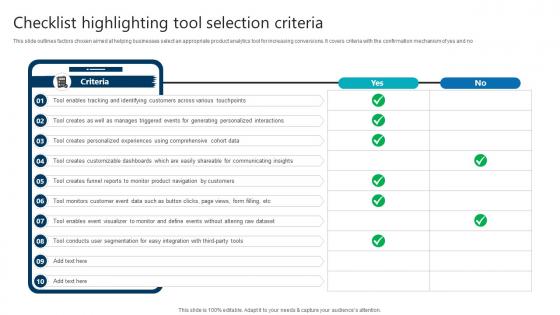 Checklist Highlighting Tool Selection Criteria Product Analytics Implementation Data Analytics V Checklist Highlighting Tool Selection Criteria Product Analytics Implementation Data Analytics V