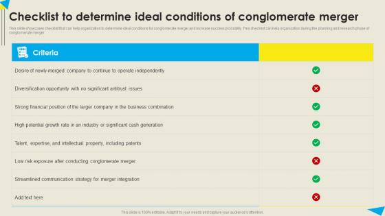 Checklist To Determine Ideal Conditions Of Strategic Diversification Plan Background PDF