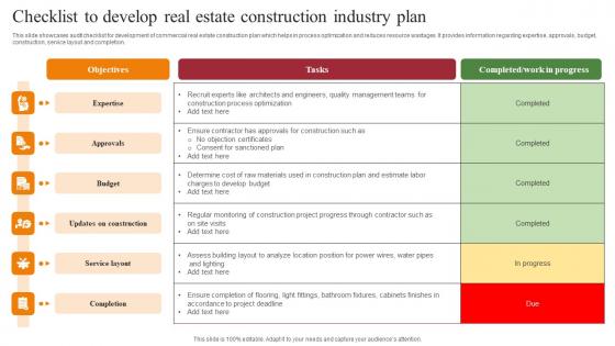 Checklist To Develop Real Estate Construction Industry Plan Ideas Pdf