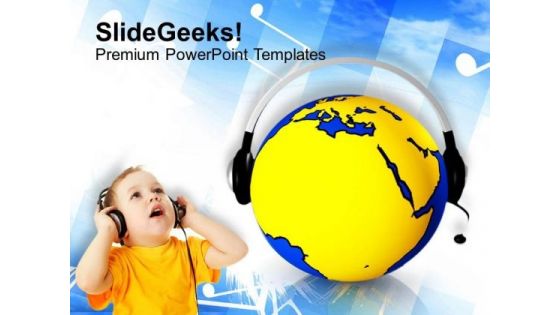 Child With Globe Headphones Internet Music PowerPoint Templates Ppt Backgrounds For Slides 0113