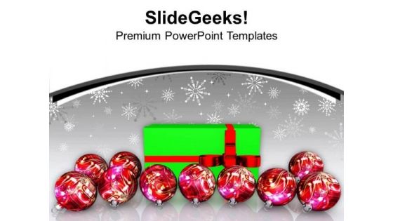 Christmas Balls And A Gift In Green Wrapping PowerPoint Templates Ppt Backgrounds For Slides 1212