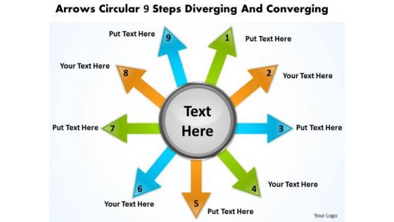 Circular 9 Steps Diverging And Converging Flow Network PowerPoint Slides