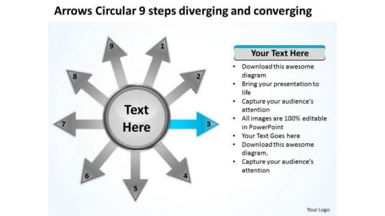 Circular 9 Steps Diverging And Converging Process Diagram PowerPoint Templates