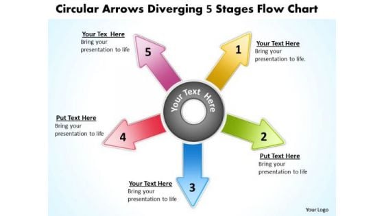 Circular Arrows Diverging 5 Stages Flow Chart Cycle PowerPoint Slides