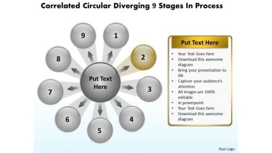 Circular Diverging 9 Stages Process Relative Arrow PowerPoint Slides