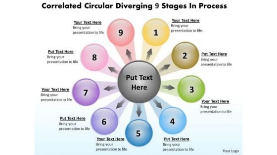 Circular Diverging 9 Stages Process Relative Cycle Arrow Network PowerPoint Slides