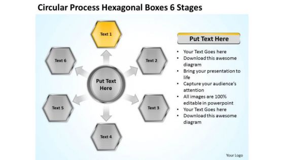 Circular Process Hexagonal Boxes 6 Stages Business Plan Examples PowerPoint Slides