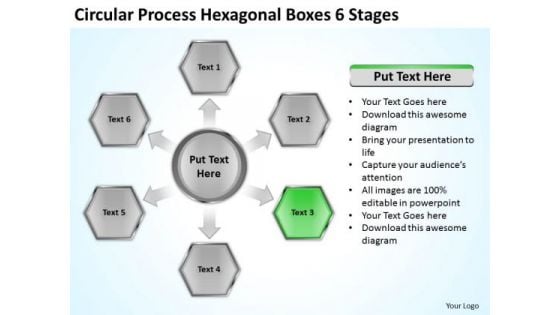 Circular Process Hexagonal Boxes 6 Stages Business Plan PowerPoint Slides
