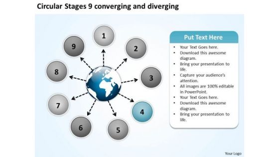 Circular Stages 9 Converging And Diverging Flow Layout Chart PowerPoint Templates