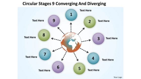 Circular Stages 9 Converging And Diverging Flow Process PowerPoint Slides