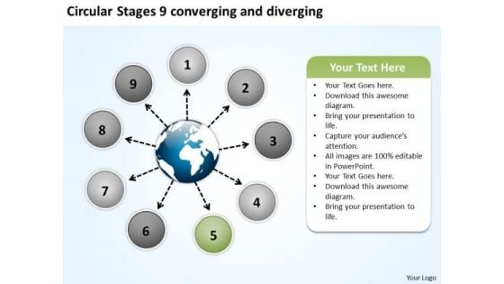 Circular Stages 9 Converging And Diverging Venn Network PowerPoint Slides