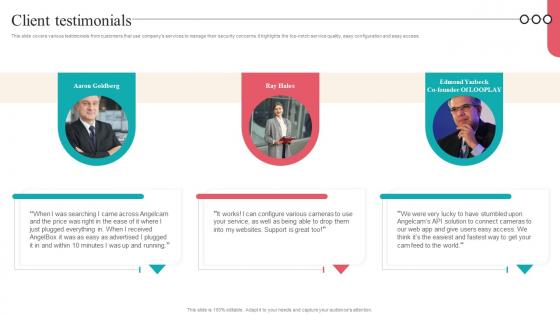 Client Testimonials Camera Management Platform Investor Funding Elevator Pitch Deck Client Testimonials Camera Management Platform Investor Funding Elevator Pitch Deck
