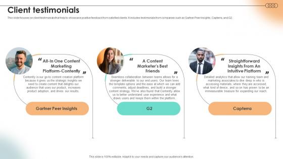 Client Testimonials Content Marketing Platform Investor Funding Elevator Pitch Deck
