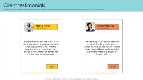 Client Testimonials Email Management Technology Pitch Deck Client Testimonials Email Management Technology Pitch Deck
