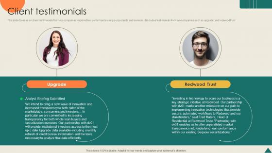 Client Testimonials Financial Analytics Platform Investor Elevator Pitch Deck