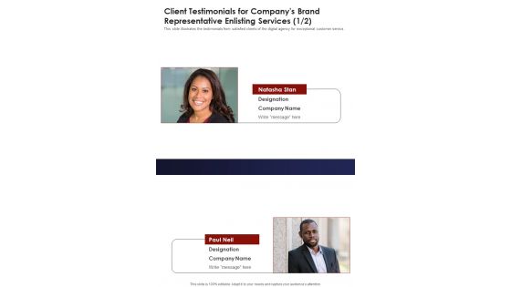 Client Testimonials For Companys Brand Representative Enlisting Services One Pager Sample Example Document Client Testimonials For Companys Brand Representative Enlisting Services One Pager Sample Example Document