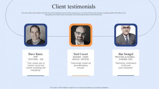 Client Testimonials Funding Elevator Pitch Deck For Customer Retention Software Introduction Pdf