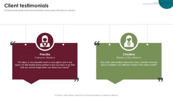 Client Testimonials Home Furnishings Company Investor Funding Ppt Slide