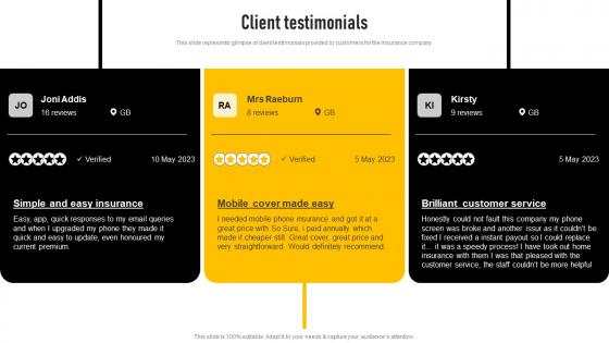 Client Testimonials Insurance Investor Funding Elevator Pitch Deck Portrait Pdf