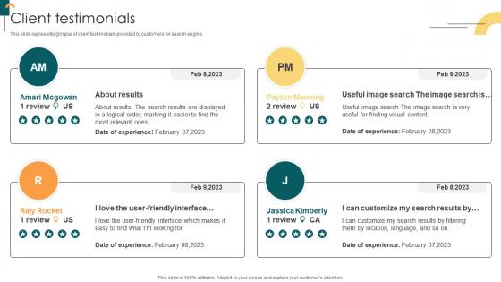 Client Testimonials Internet Company Investor Funding Elevator Pitch Deck