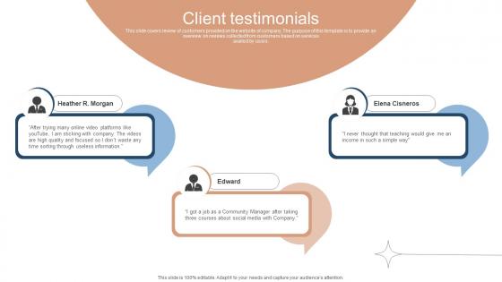 Client Testimonials Investor Funding Elevator Pitch Deck For Online Learning Platform