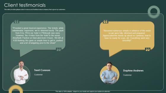 Client Testimonials Investor Funding Elevator Pitch Deck For Ticketing Management Firm Client Testimonials Investor Funding Elevator Pitch Deck For Ticketing Management Firm