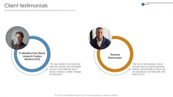 Client Testimonials Networking Solutions Manufacturer Investor Funding Elevator Pitch Deck