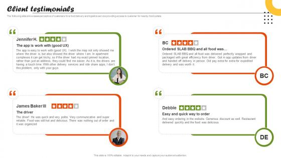 Client Testimonials On Demand Food Delivery Platform Investor Funding Elevator Pitch Deck