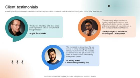 Client Testimonials Professional Learning Platform Funding Pitch Deck