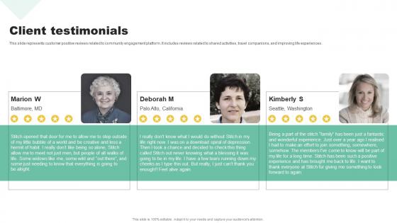 Client Testimonials Social Community Management Solution Funding Pitch Presentation Infographics Pdf Client Testimonials Social Community Management Solution Funding Pitch Presentation Infographics Pdf